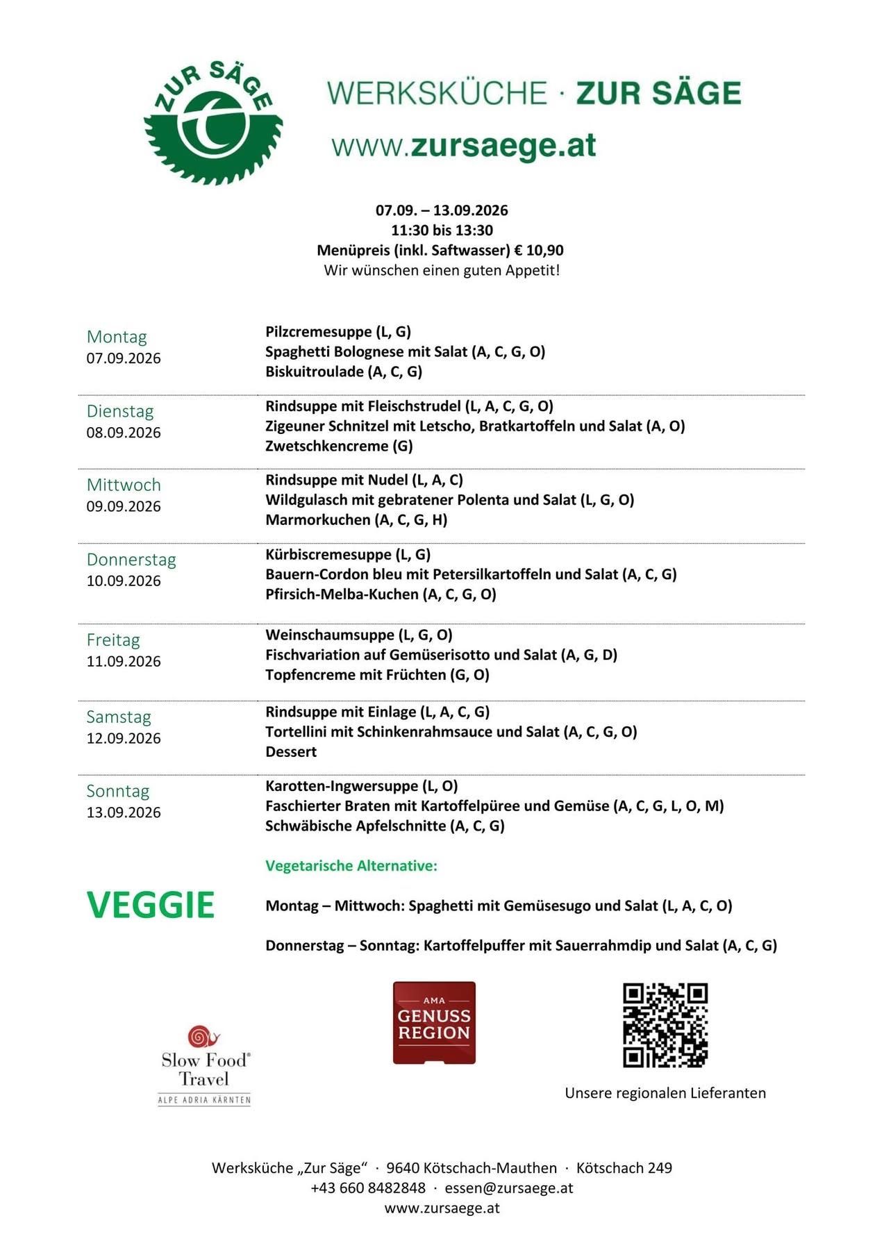 Weekly menu from September 7th to September 13th, 2026, featuring various dishes with ingredient lists and vegetarian options.