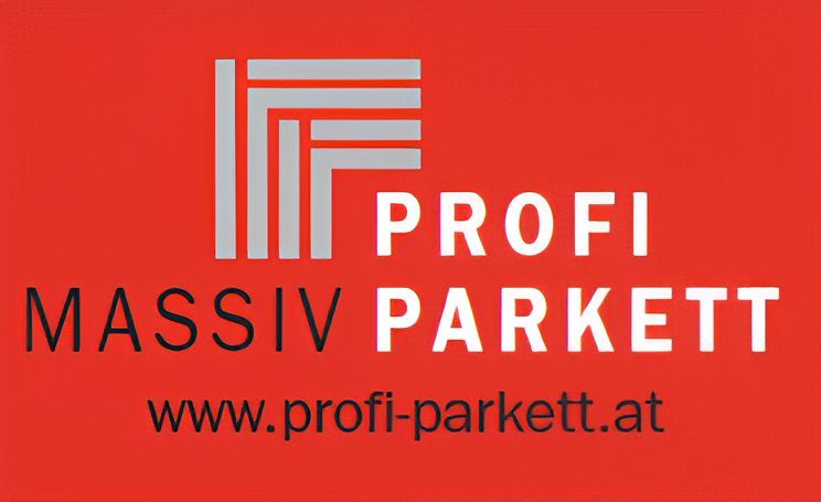 Ein roter Hintergrund zeigt ein Logo für 'Profi Massiv Parkett' mit einem Website-Link unten.