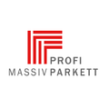 Logo für Profi Massiv Parkett, mit einem roten Quadrat und einer roten Linie durch die Mitte, auf weißem Hintergrund.