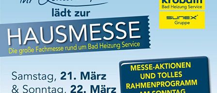 Eine Werbung für eine Messe namens 'AUSMESSE', die sich auf Badheizungsservices konzentriert. Sie wird von Krop, Teil der Sun Group, gesponsert. Die Veranstaltung findet am 21. und 22. März von 9-17 Uhr statt. Kontaktinformationen sind angegeben.