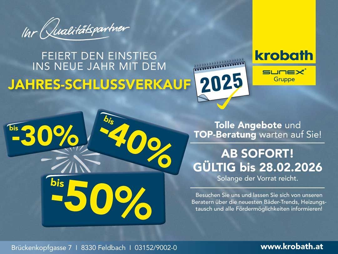 Krobat Qualitätspartner feiert den ersten Tag des neuen Jahres mit dem großen Schlussverkauf. Rabatte bis zu 50% und 40%. Gültig bis 28.02.2025. Besuchen Sie uns für TOP-Beratung.