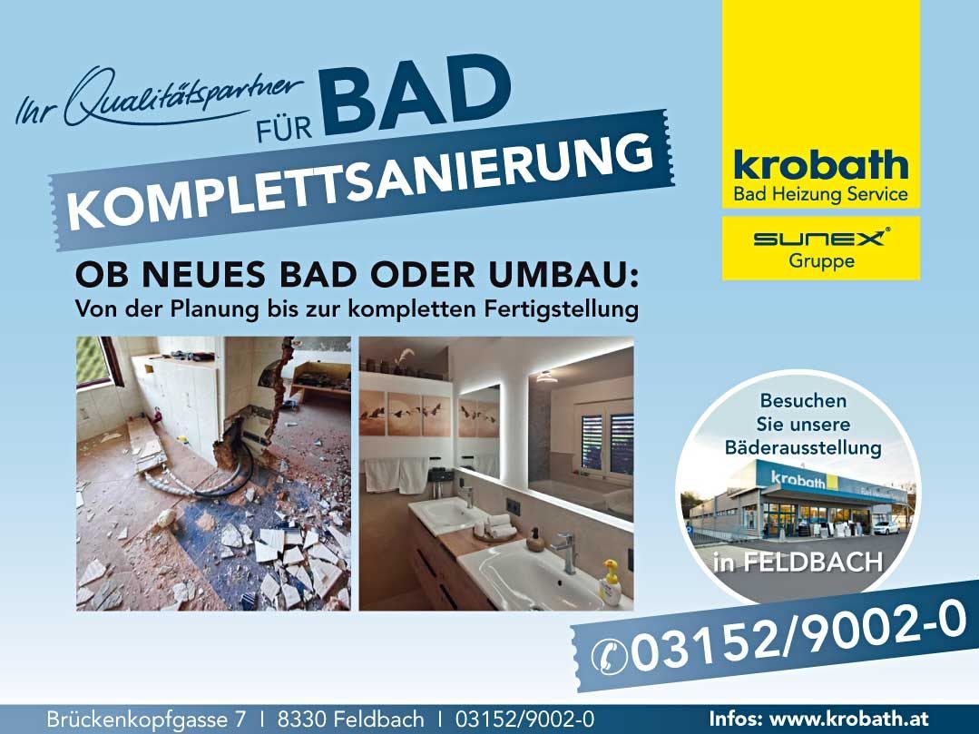 Eine Werbung für Badezimmerrenovierungen von Krobath. Es zeigt ein Vorher-Nachher-Bild eines Badezimmers und enthält Kontaktinformationen.