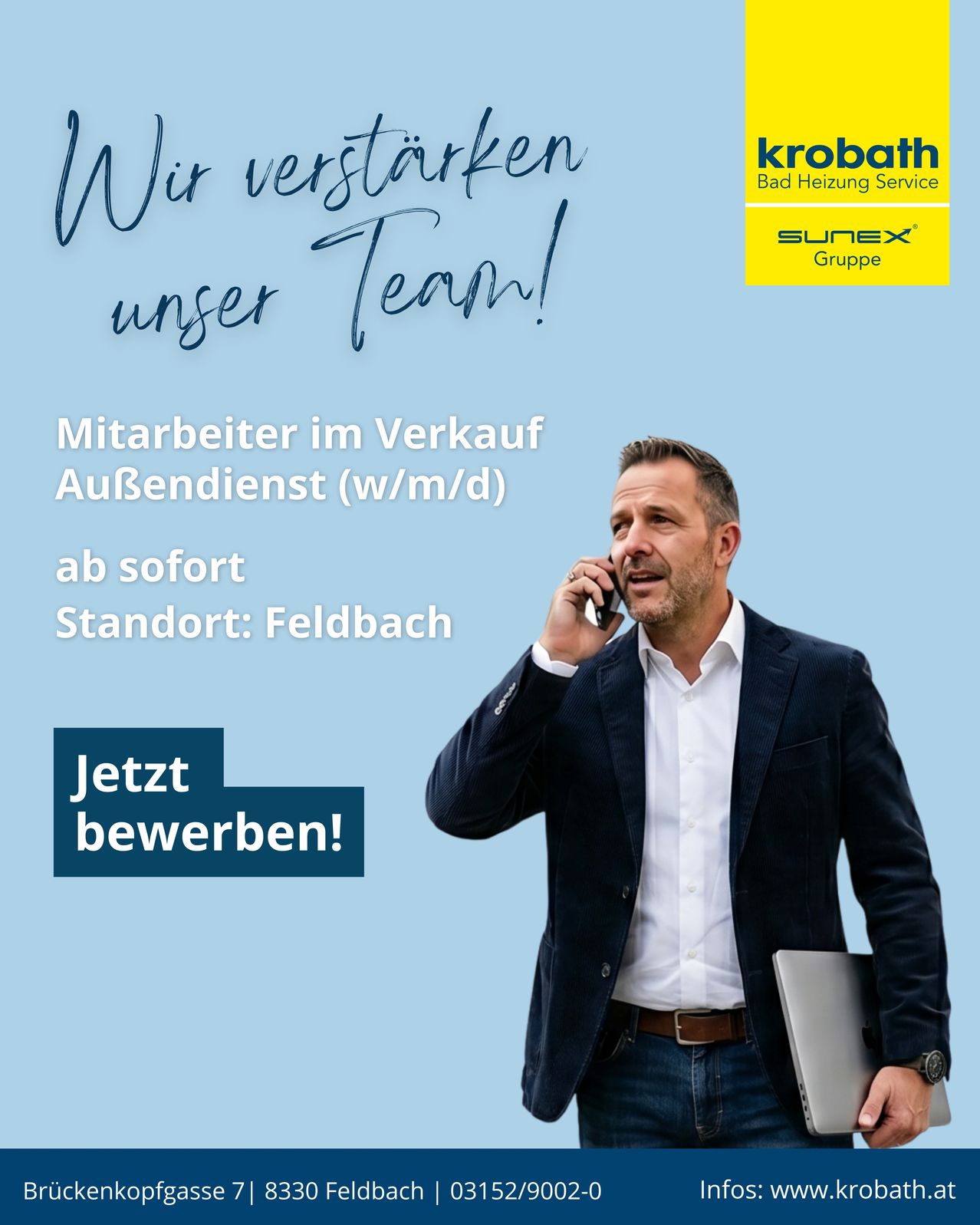 Eine Anzeige für ein Unternehmen, das neue Mitarbeiter sucht, mit einem Mann in formeller Kleidung. Der Text lautet: 'Wir verstärken unser Team!' mit weiteren Informationen zu Stellenangeboten.