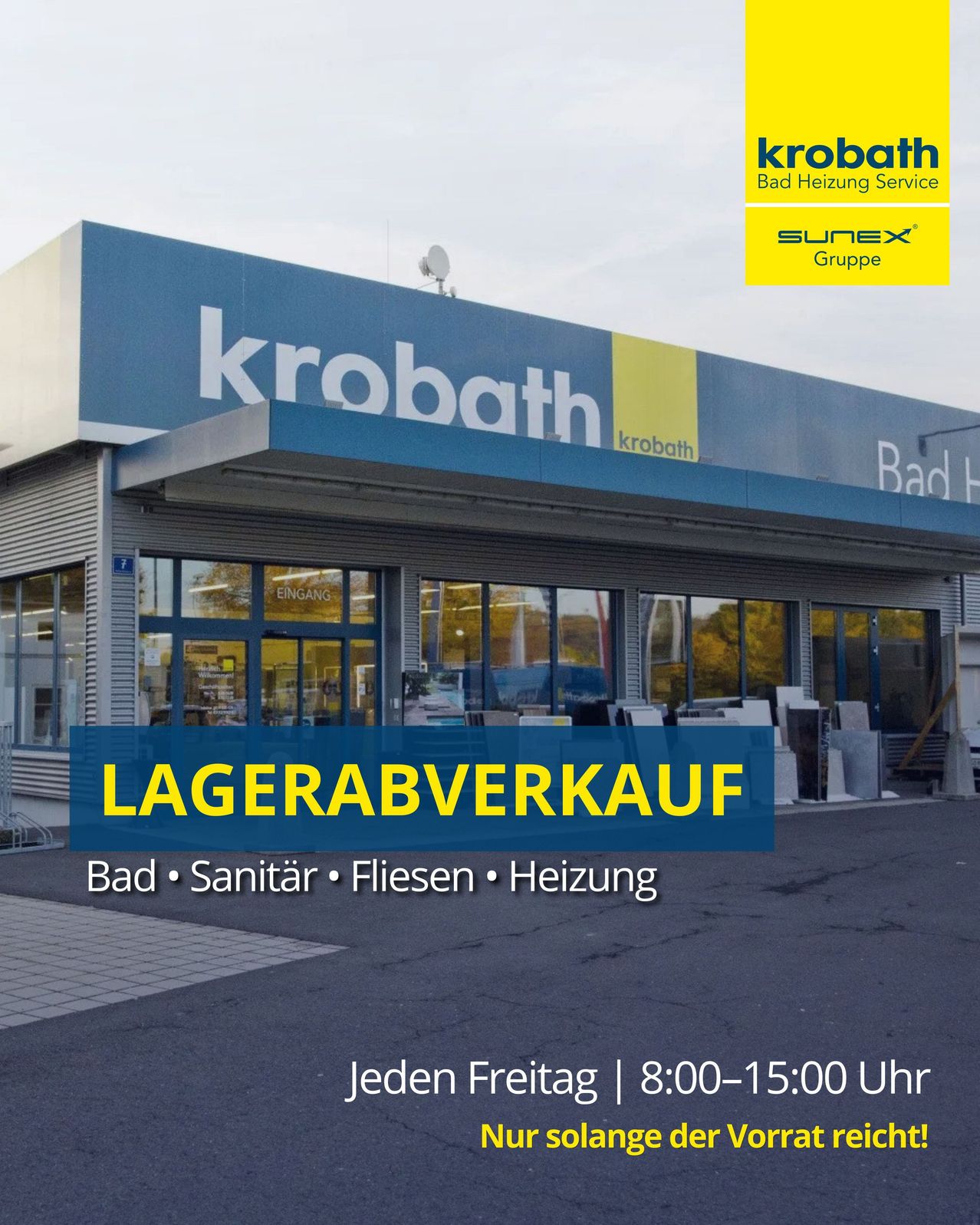 Ein Krobath-Geschäft mit einem blauen Schild, das Badezimmer-, Sanitär-, Fliesen- und Heizprodukte anbietet. Jeden Freitag von 8:00 bis 15:00 Uhr geöffnet.