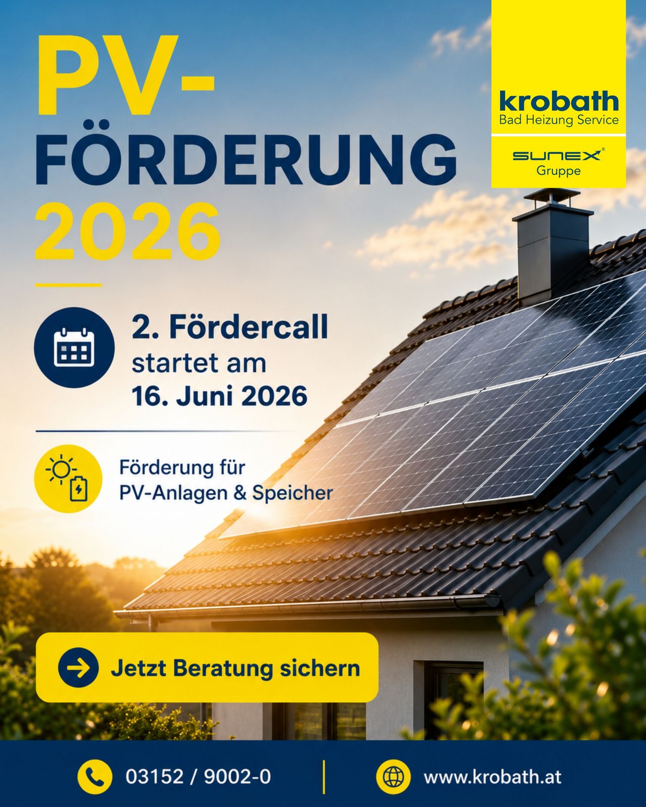 Poster about PV funding in 2026. Solar panels are installed on a roof. The poster reads 'PV-Forderung 2026', indicating funding for photovoltaic systems. The second funding call starts on June 16, 2026.