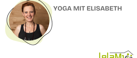 The image shows a smiling woman in a yoga pose. The text reads 'Yoga mit Elisabe'. Below, the logo of 'Dr. Jakob Rosenfeld' is visible.