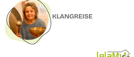 An elderly woman is smiling while holding a golden bowl. The word Klangreise is written in black font. There is a logo with Dr. Jakob Rosenfeld written below it.