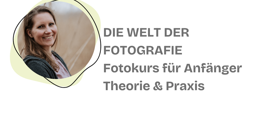 Ein Bild mit einem gelben Kreis überlagert die Schulter einer Person. Der Text lautet 'DIE WELT DER FOTOGRAFIE'. Darunter steht 'Fotokurs für Anf.' Der Text 'Theorie & Praxis' befindet sich unten.