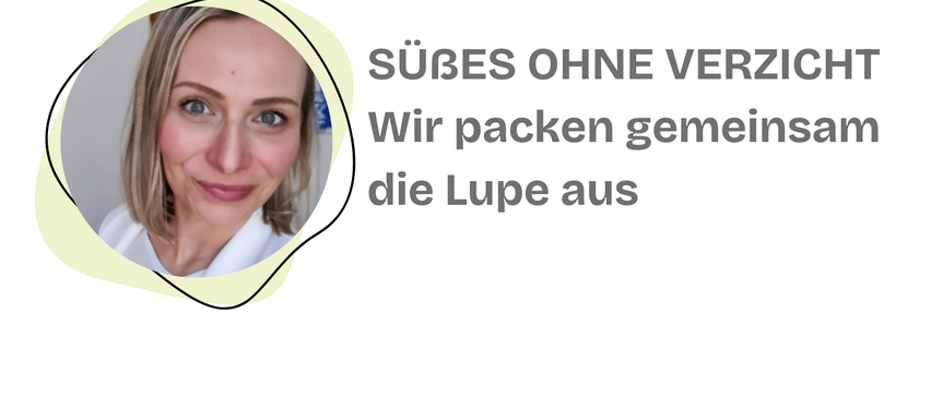 Eine lächelnde Frau steht in einem Kreis, der Text lautet 'Süßes ohne Verhüllung'. Wir verpacken die Beule aus.