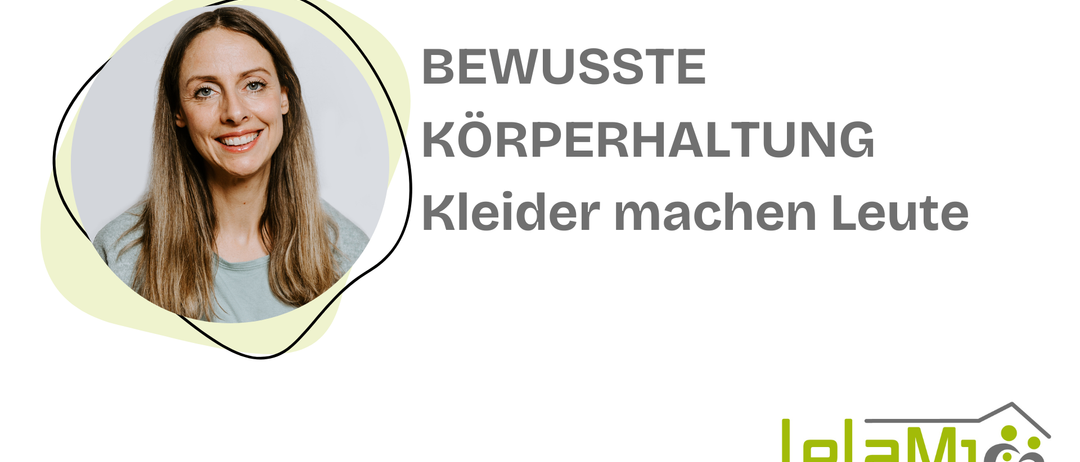 Ein Bild einer lächelnden Frau mit dem Text 'Bewusste Körperhaltung. Kleider machen L.' auf weißem Hintergrund. Das Logo von Dr. Jakob Rosenfeld ist unten sichtbar.