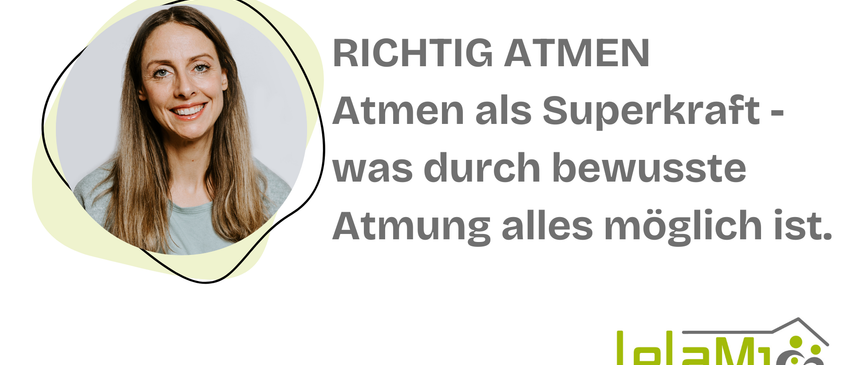 Eine lächelnde Frau ist in einem Kreis abgebildet, mit Text darüber, der 'RICHTIG ATMEN' und darunter 'Atmen als Superl' und 'was durch bewusste Atmung alles möglich' lautet. Unten befindet sich ein Logo mit dem Text 'Dr. Jakob Rosenfeld'.