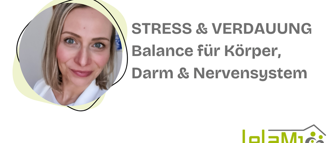 Ein lächelndes Frauengesicht mit gelber Überlagerung. Der Text lautet 'Stress & Balance für Körper, Darm & Nerven.' Unten befindet sich ein grünes Logo mit 'le' und 'Dr. Jakob Rosenfeld.'