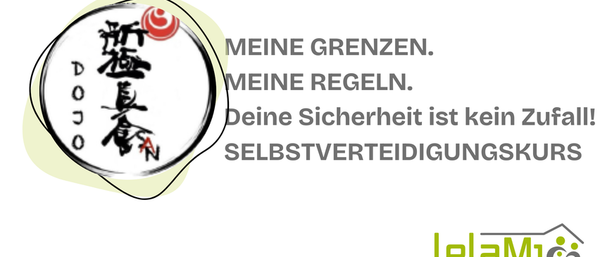 Ein Bild zeigt 'Meine Grenzen. Meine Regeln.' mit einem roten Kreis, der Selbstverteidigung betont. Darunter steht 'Deine Sicherheit ist Selbstverteidigung.' mit einem Logo von Dr. Jakob Rosenfeld.