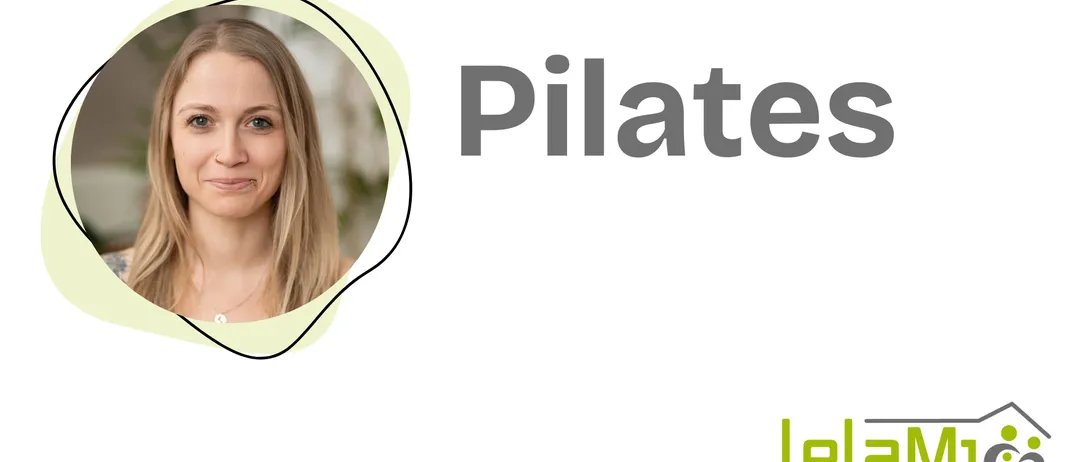Ein Poster mit einer lächelnden Frau, das Pilates zeigt, und das Logo von Dr. Jakob Rosenfeld.