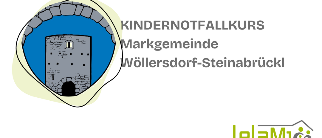 Die Illustration zeigt eine Burg mit dem Text 'Kindernotfallkup' und 'Markgemeinde Wollersdorf-Steinabruck' oben. Darunter befindet sich ein Logo von Dr. Jakob Rosenfeld.