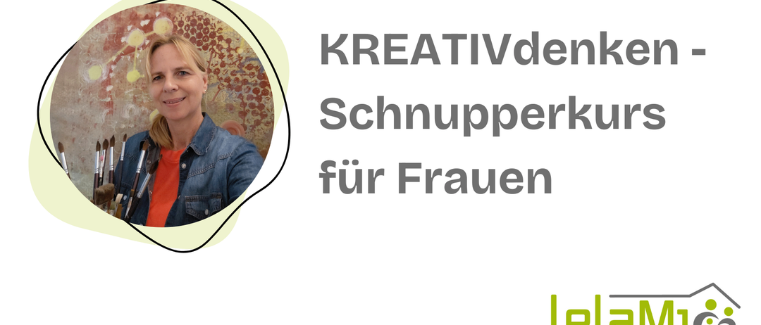 Ein Bild mit einer lächelnden Frau, die eine Jeansjacke und ein rotes Shirt trägt. Der Text lautet 'KREATIVEn Schnupperk für Frauen'. Darunter befindet sich das Logo von 'Le Dr. Jakob Rosenfeld.'