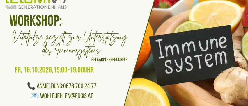 Ein Workshop-Poster, das eine Sitzung zur Stärkung des Immunsystems mit verschiedenen Obst- und Gemüsesorten ankündigt.