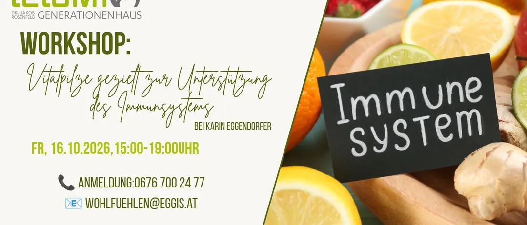 Ein Workshop-Poster, das eine Sitzung zur Stärkung des Immunsystems mit verschiedenen Obst- und Gemüsesorten ankündigt.