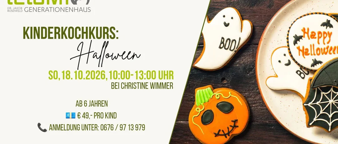 Ein Plakat für ein Halloween-Kinderkochkurs bei LelaM1 Generationenhaus. Das Plakat zeigt einen Teller mit Halloween-Themen-Keksen, einem Kürbis und einem Geist.