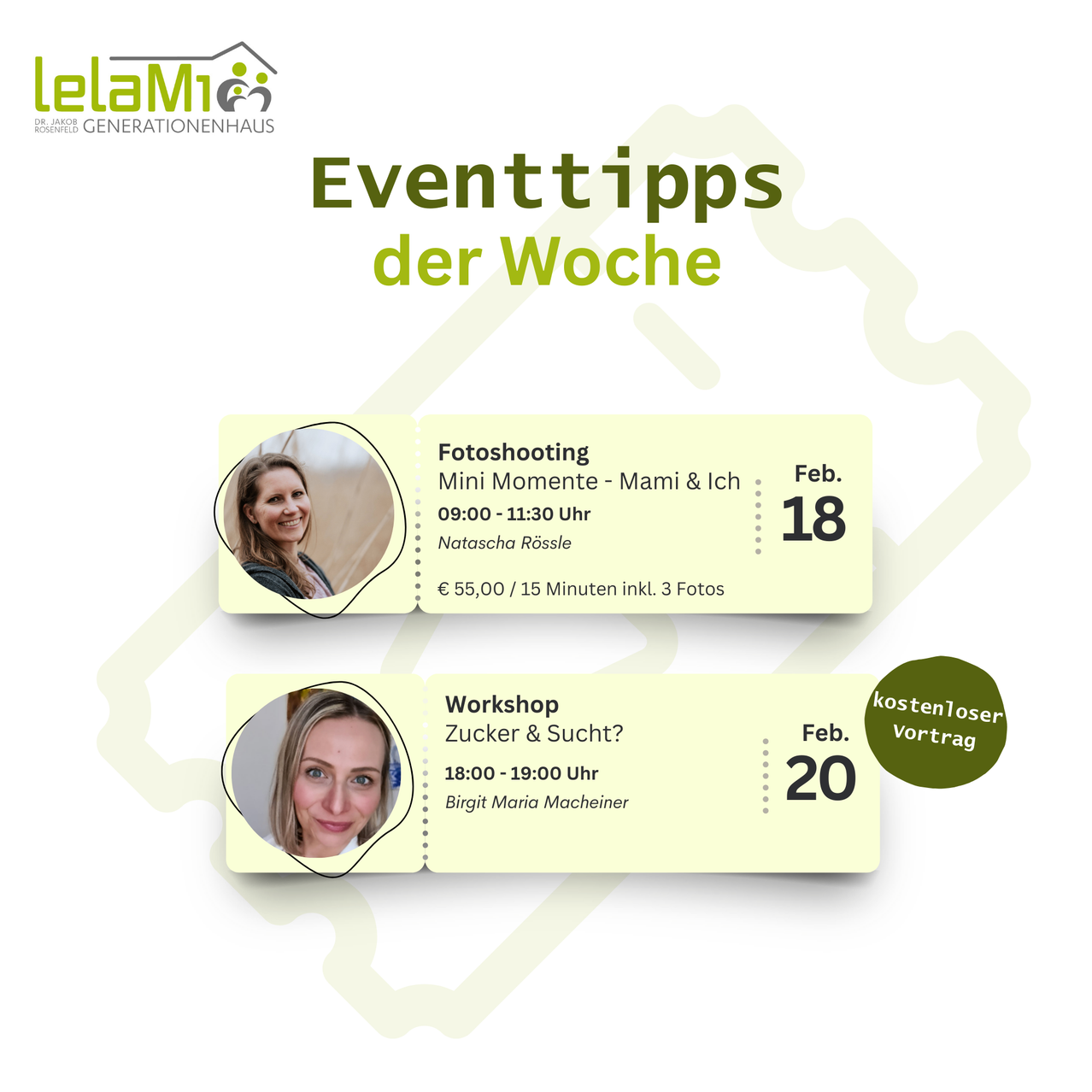 Eventtipps der Woche. Fotoshooting am 18. Februar, 9-11:30 Uhr, kostet 55 Euro für 15 Minuten und 3 Fotos. Workshop am 20. Februar, 18-19 Uhr, kostenlos.