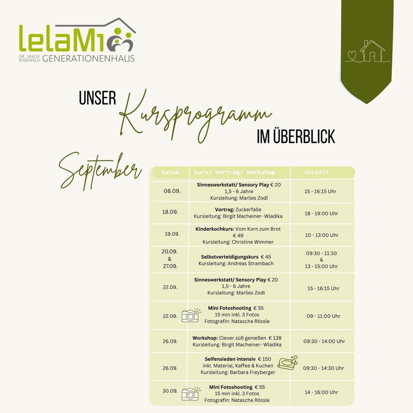 Ein Plakat für LeLaMi Generationenhaus zeigt einen Zeitplan für September mit verschiedenen Workshops und Kursen, darunter Sinnesspiel, Kochen und Fotosessions.