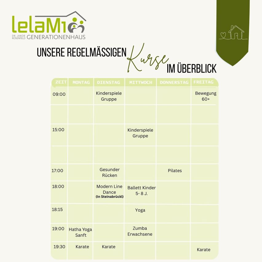 Ein Zeitplan für ein Fitnesscenter mit verschiedenen Kursen und Zeiten. Die Kurse umfassen Kinderspiele Gruppe, Bewegung 60+, Gesunder Rücken, Pilates, Modern Line Dance, Ballett Kinder 5-8 J., Yoga, Hatha Yoga Sanft, Zumba Erwachsene und Karate.