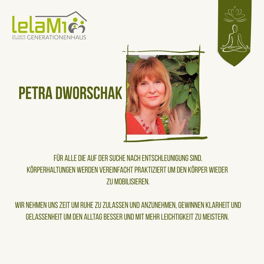 Ein Werbeposter mit einer Frau namens Petra Dworschak mit lächelndem Gesicht. Das Poster handelt von vereinfachten Körperhaltungen für bessere Mobilität.