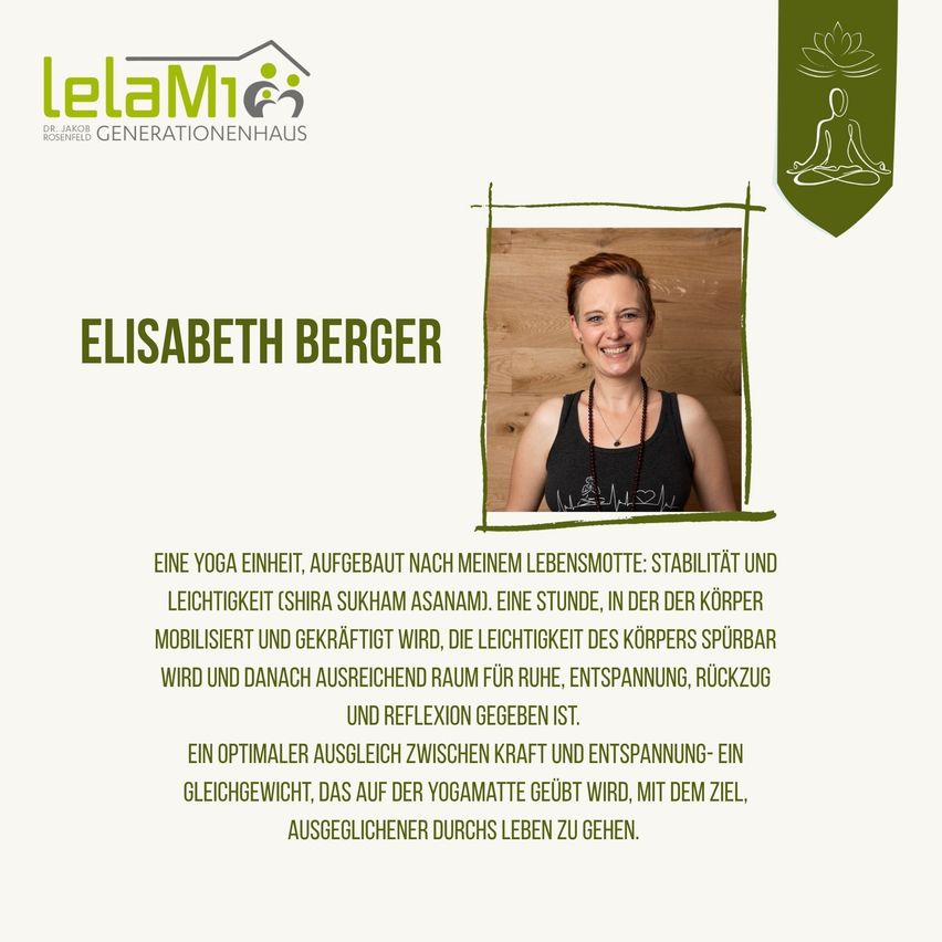 Ein Poster mit Elisabeth Berger, einer Frau, die lächelt und ein schwarzes Tanktop trägt, mit einem grünen Rand und Text auf Deutsch. Der Text bespricht Yoga als Gleichgewicht zwischen Stabilität und Leichtigkeit und dessen Vorteile für Entspannung und Reflexion.