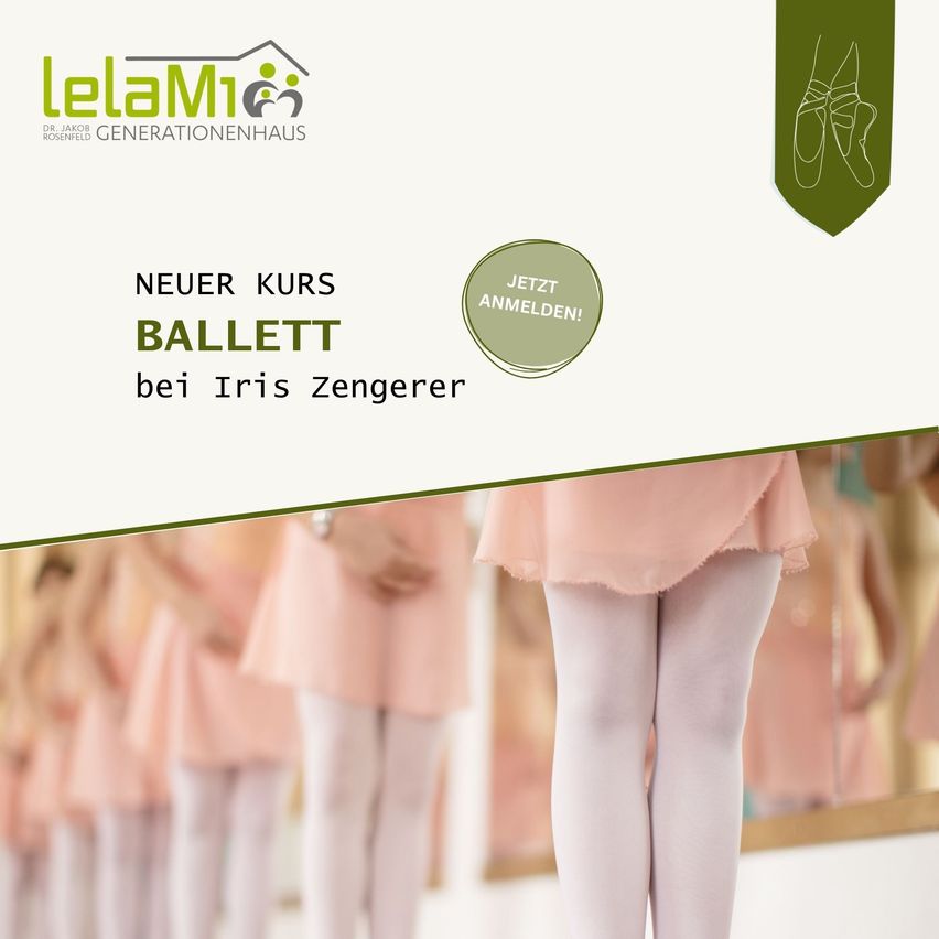 Eine Werbung für einen Ballettkurs von Iris Zengerer. Eine Gruppe von Balletttänzerinnen in rosa Tüllröcken und weißen Strumpfhosen trainiert in einem Studio. Der Text 'JETZT ANMELDEN!' ist in einem grünen Kreis zu sehen.