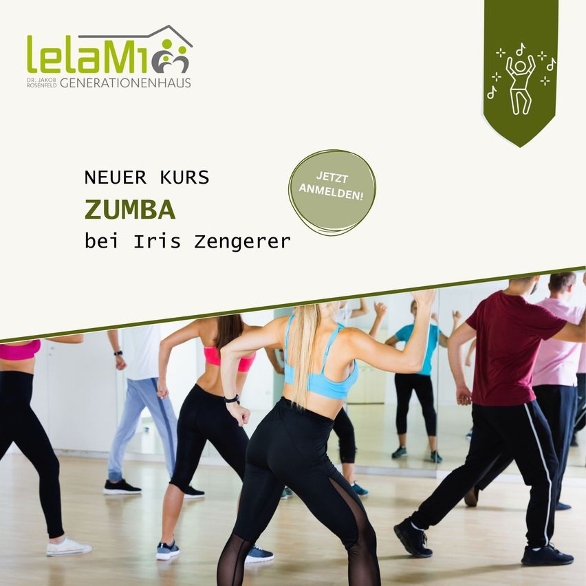Eine Gruppe von Menschen nimmt an einem Zumba-Kurs in einem Fitnessstudio teil. Die Kursleiterin Iris Zengerer leitet den Kurs. Das Bild zeigt einen grünen Banner mit dem Text 'JETZT ANMELDEN!' und dem Logo von LeLaMi Generationenhaus.