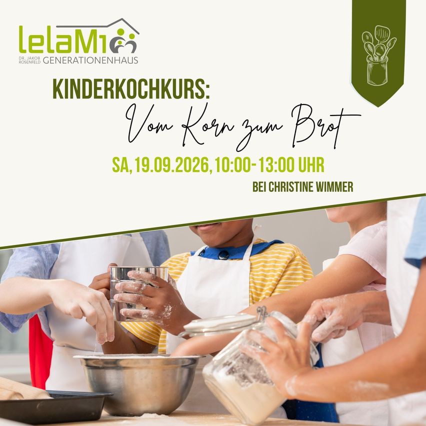 Ein Werbeplakat für einen Kinderkochkurs im LeLaMi Generationenhaus. Das Event ist für den 19. September 2026 von 10:00 bis 13:00 Uhr geplant. Kinder tragen Schürzen und sind bei Kochaktivitäten zu sehen.
