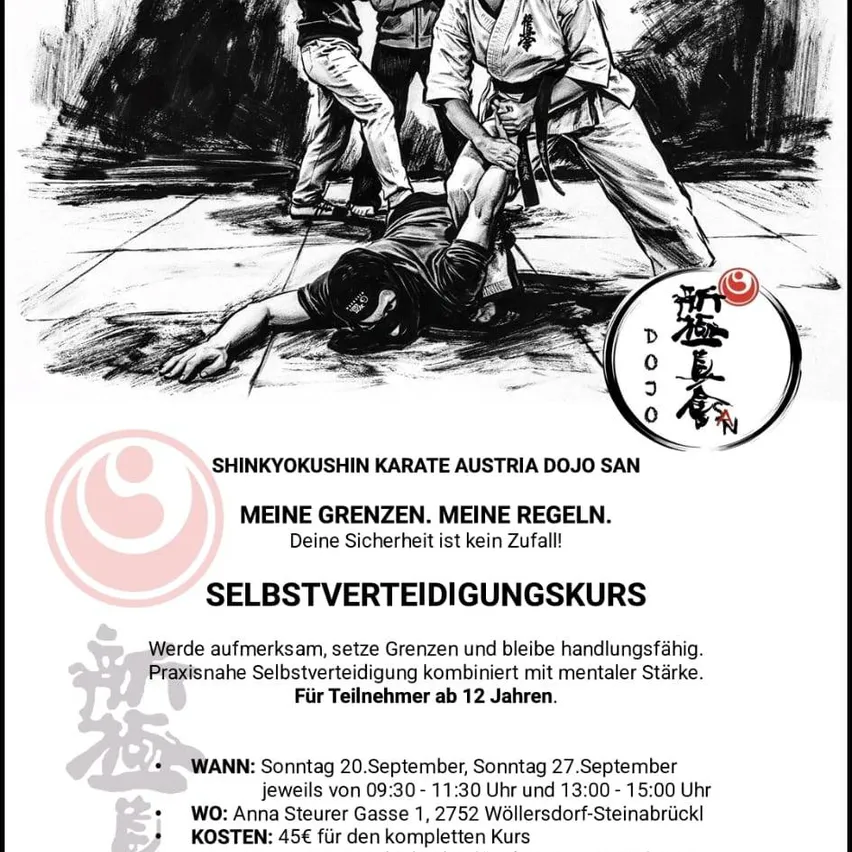 Ein Flyer für einen Selbstverteidigungskurs von Shinkyokushin Karate Austria Dojo San, mit einer Schwarz-Weiß-Zeichnung von Kampfkünstlern. Der Flyer enthält Datum, Uhrzeit und Standortdetails.