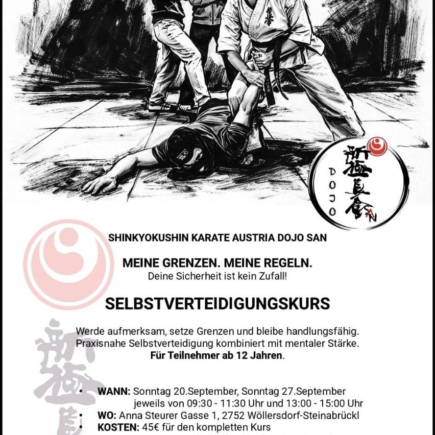 Ein Flyer für einen Selbstverteidigungskurs von Shinkyokushin Karate Austria Dojo San, mit einer Schwarz-Weiß-Zeichnung von Kampfkünstlern. Der Flyer enthält Datum, Uhrzeit und Standortdetails.