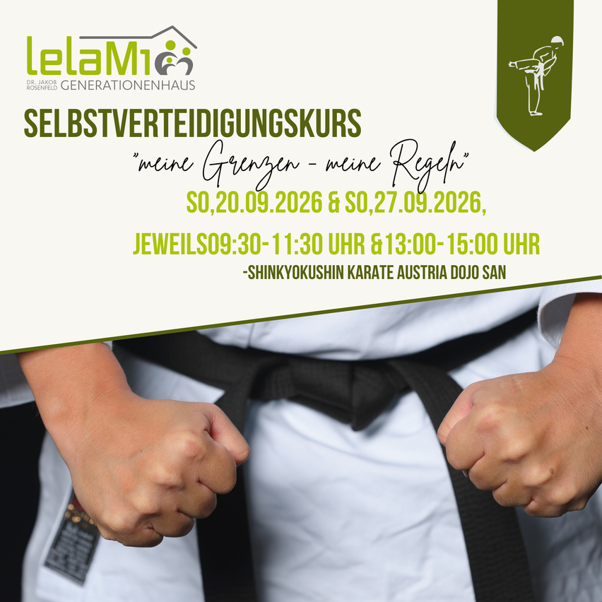 Ein Werbeplakat für einen Selbstverteidigungskurs auf Deutsch, mit einem Kampfsportlehrer in einem schwarzen Gürtel, mit Datum und Uhrzeit aufgeführt.