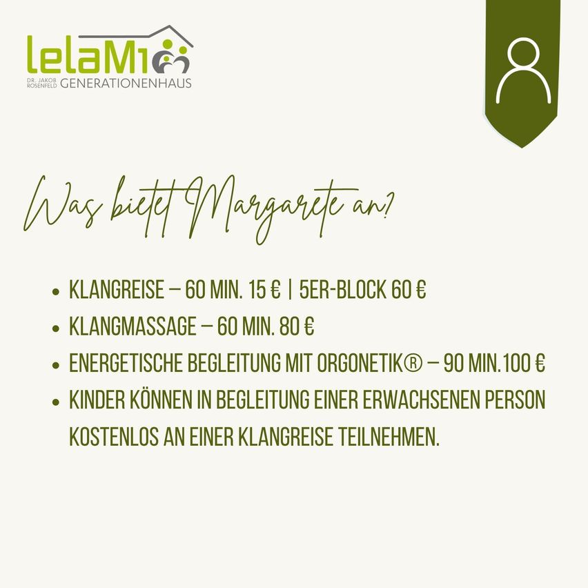 Eine Werbung für LeLaMi Generationenhaus, die eine Liste von Dienstleistungen wie Klangreise, Klangmassage und energetische Begleitung mit Orgonetik präsentiert, zusammen mit deren Preisen und einem Hinweis, dass Kinder kostenlos an Klangreise teilnehmen können.