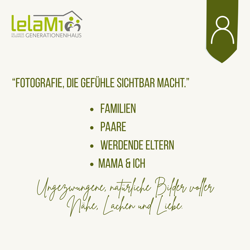 Ein Plakat, das Familienfotografie-Dienstleistungen anbietet, mit einem Logo, einem Slogan und einer Liste der angebotenen Dienstleistungen. Das Plakat ist grün und weiß.
