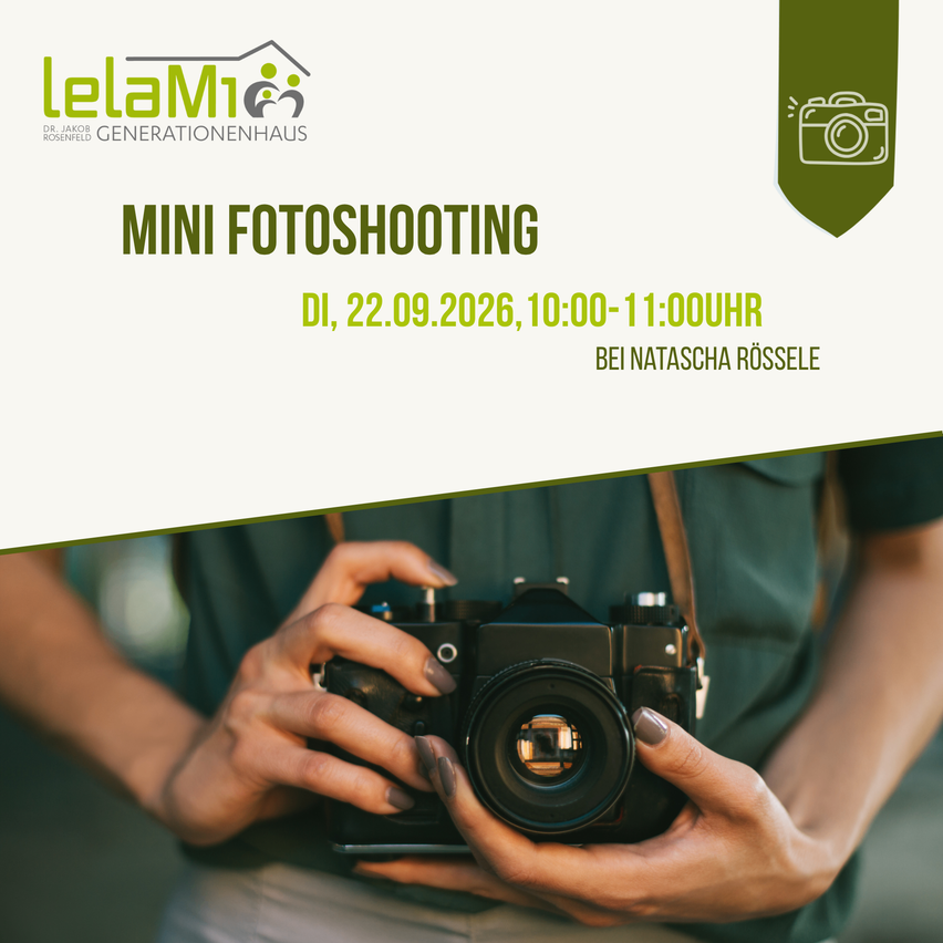 Eine Anzeige für einen Mini-Fotoshooting-Event im LeLaMi Generationenhaus am 22.09.2026 von 10:00 bis 11:00 Uhr, mit einer Person, die eine Kamera hält.