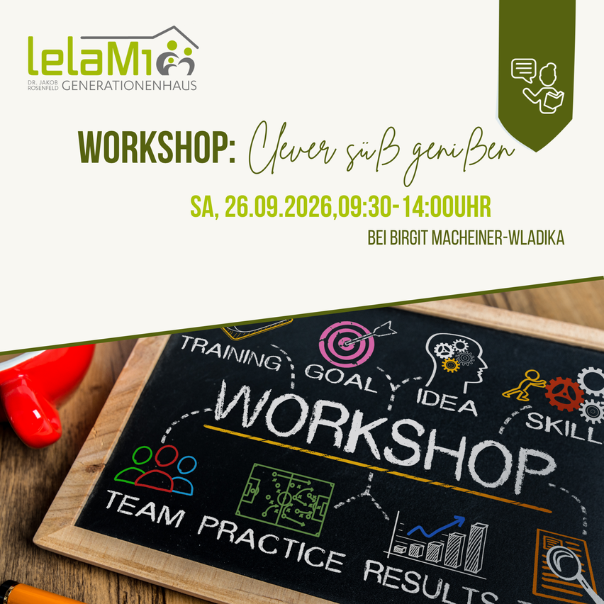 Ein Workshop-Poster mit einer Tafel, auf der das Wort 'Workshop' und verschiedene Symbole und Texte abgebildet sind. Das Datum und die Uhrzeit des Workshops sind ebenfalls angegeben.