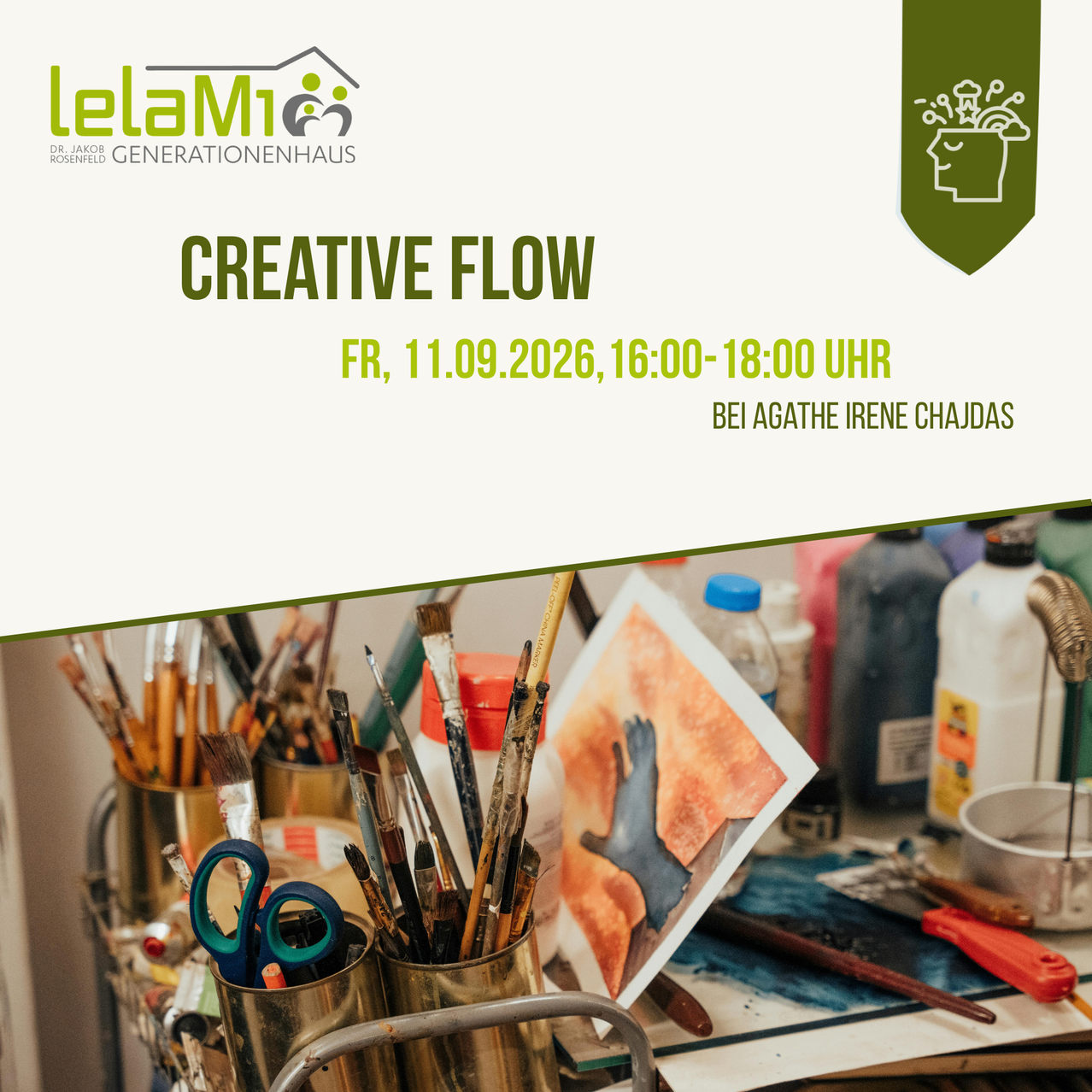Eine Anzeige für einen Creative Flow Workshop im LeLaMi Generationenhaus am Freitag, 11. September 2026, von 16:00 bis 18:00 Uhr, mit einem überfüllten Kunststudio voller verschiedener Malwerkzeuge und Materialien.