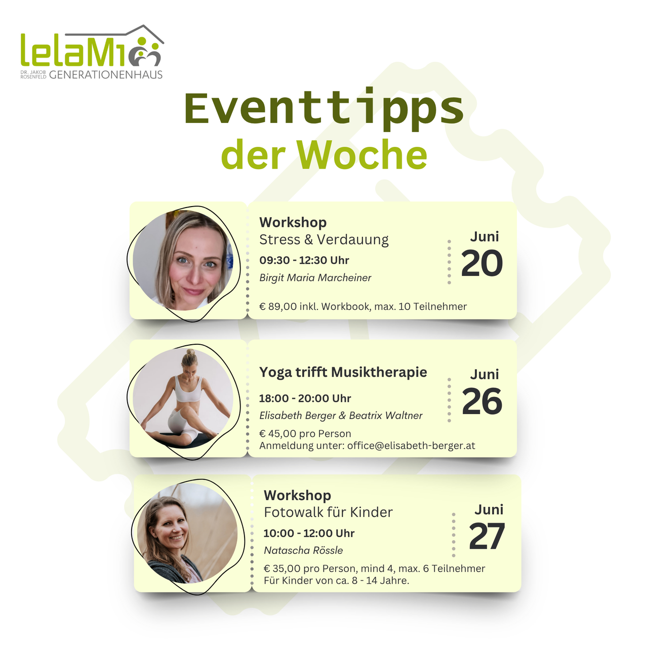 Wöchentliche Veranstaltungstipps im LelaM1 Generationenhaus. Beinhaltet ein Workshop zu Stress und Verdauung, Yoga-Therapie und einen Foto-Spaziergang für Kinder. Details umfassen Datum, Uhrzeit, Dozenten und Kosten.