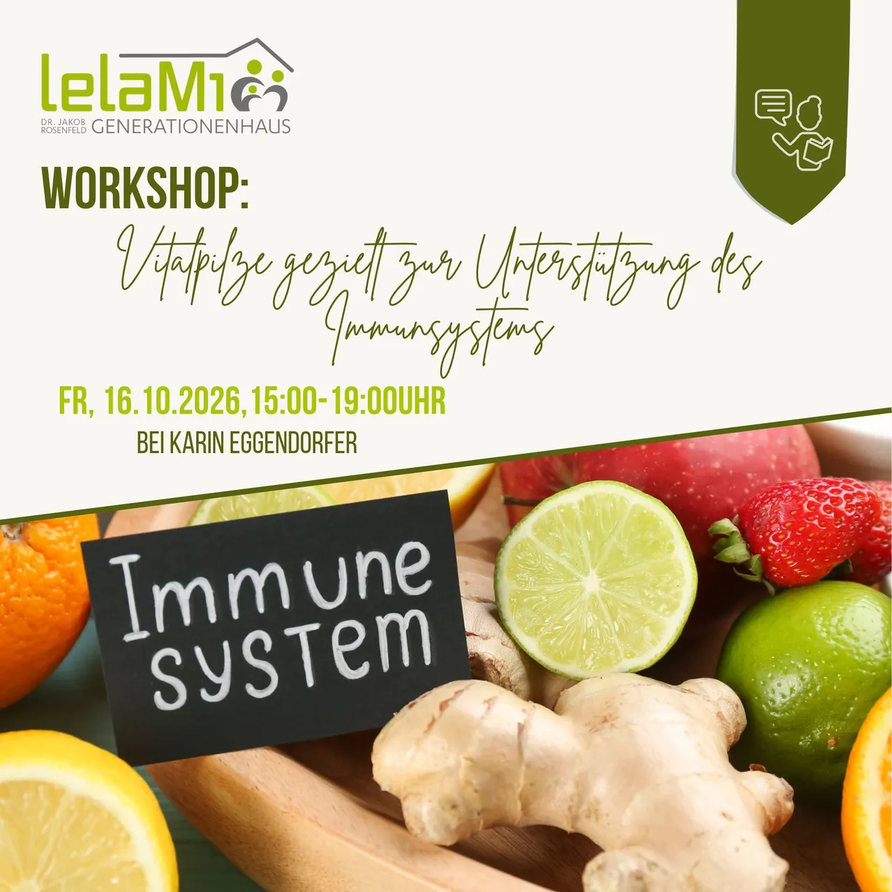 Ein Werbeposter für einen Workshop zur Stärkung des Immunsystems mit verschiedenen Obst- und Gemüsesorten.