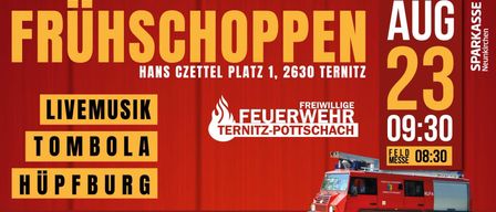 Ein Werbeplakat für die Freiwillige Feuerwehr Ternitz-Pottschach mit einem roten Feuerwehrauto auf rotem Hintergrund und Text in Gelb und Weiß.