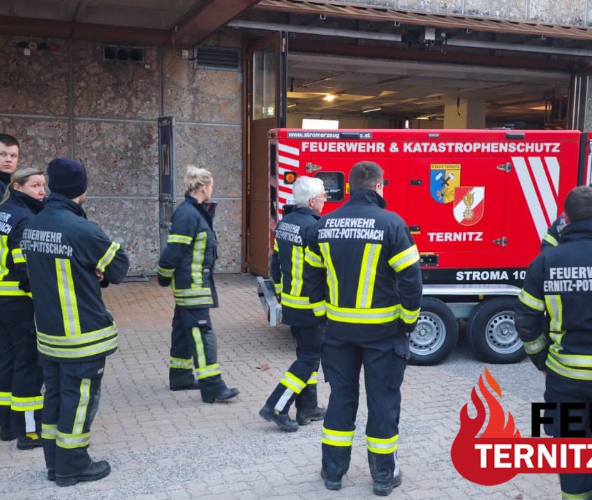 Mehrere Feuerwehrleute in Uniform stehen vor einem roten Fahrzeug. Das Fahrzeug hat die Worte 'Feuerwehr & Katastrophenschutz' und 'TERNITZ' darauf. Die Feuerwehrleute stehen vor einem Gebäude mit Ziegelboden.