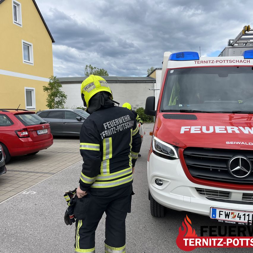 A firefighter stands by a fire truck, with a yellow helmet, yellow and black jacket with the words 'Feuerwehr Ternitz-Pottschach'. The fire truck has the words 'Ternitz-Pottschach' and 'Feuerwehr' on it. There are cars parked behind.