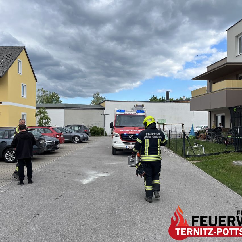 Two firefighters in uniform are walking in a parking lot with a fire truck parked nearby. Several cars are parked on either side. The sky is cloudy.
