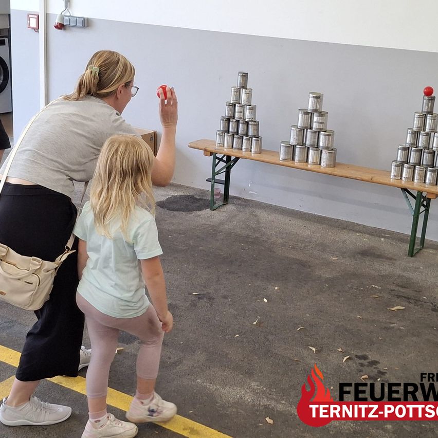 A woman and a young girl are playing a game of knocking down cans stacked in a pyramid shape on a wooden table.