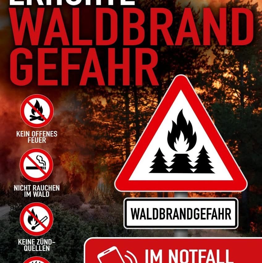 Ein Warnschild für Waldbrandgefahr mit Symbolen, die offenes Feuer, Rauchen und keine Zündquellen verbieten. Der Hintergrund zeigt einen Wald mit einem Feuer in der Ferne.