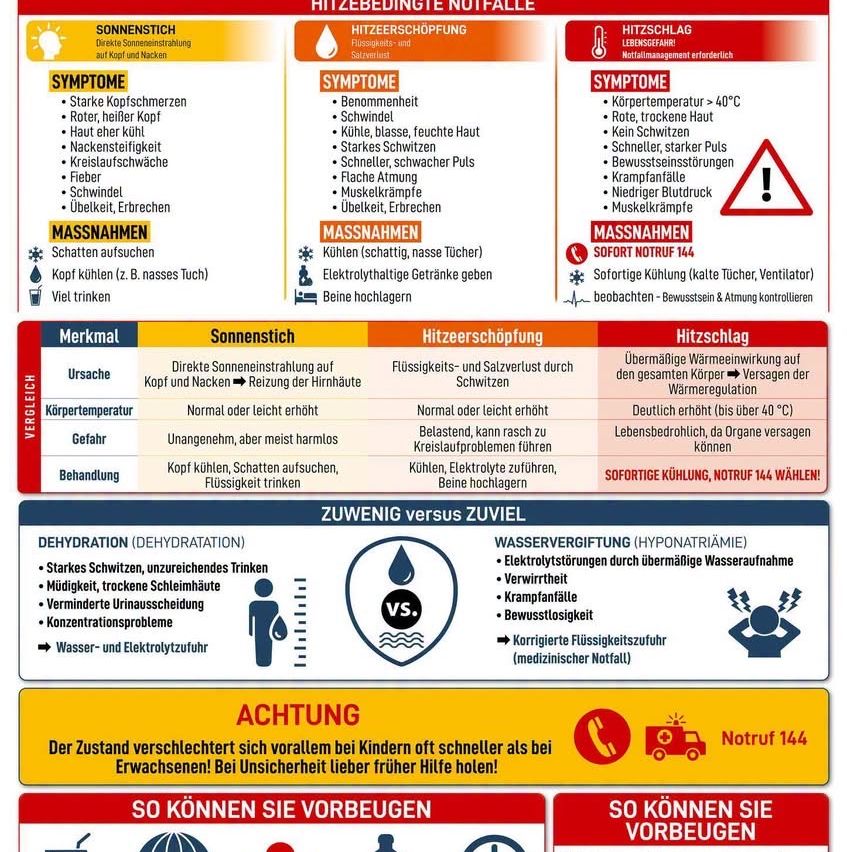 Infografik zum Vergleich von Symptomen und Behandlungen bei Sonnenstich, Hitzeerschöpfung und Hitzschlag. Es enthält Symptome wie starke Kopfschmerzen, Schwindel und hohe Körpertemperatur sowie empfohlene Maßnahmen wie Körperkühlen und medizinische Hilfe suchen.