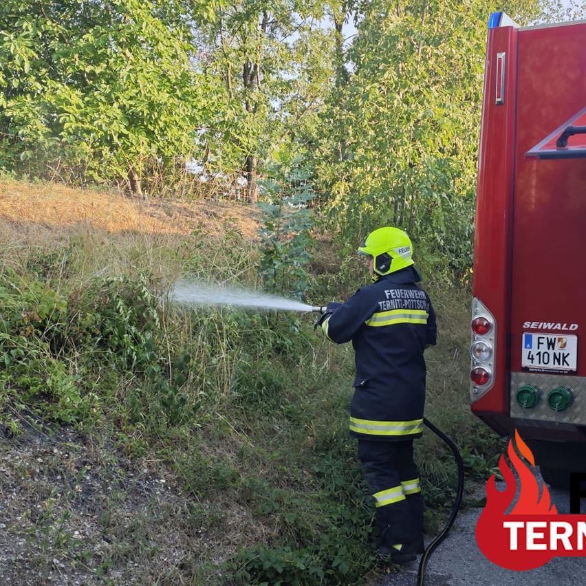 Ein Feuerwehrmann in voller Ausrüstung sprüht Wasser aus einem Schlauch auf einen Hang. Der Feuerwehrmann trägt einen gelben Helm und eine blaue Uniform mit gelben Streifen. Das Feuerwehrauto steht in der Nähe.