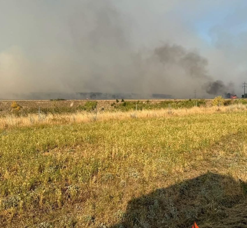 A wide field with dry grass and a distant wildfire emitting smoke and flames.